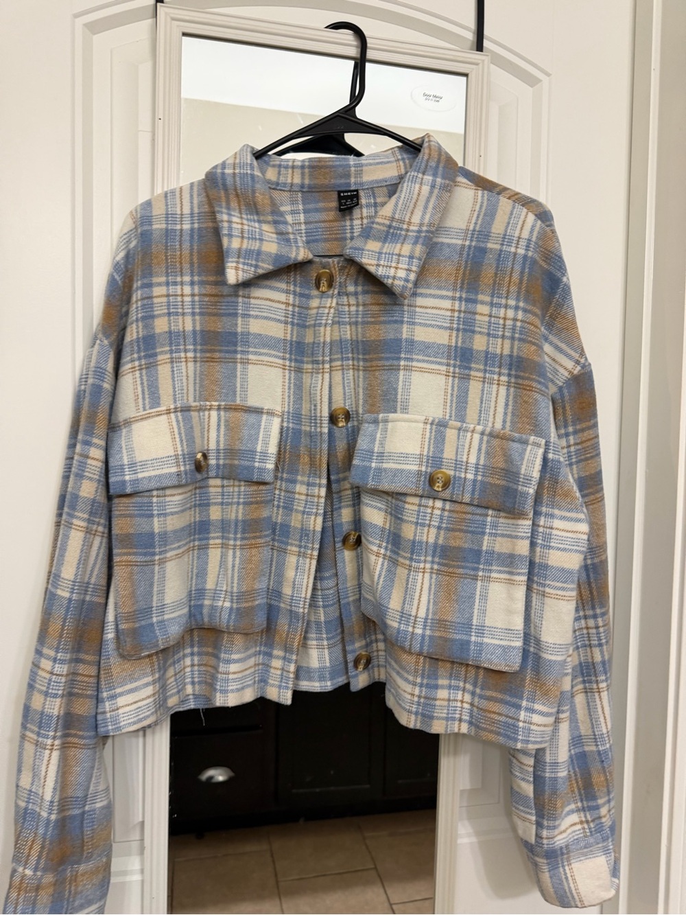 SHEIN Blue Cream & Tan Plaid Crop Shacket